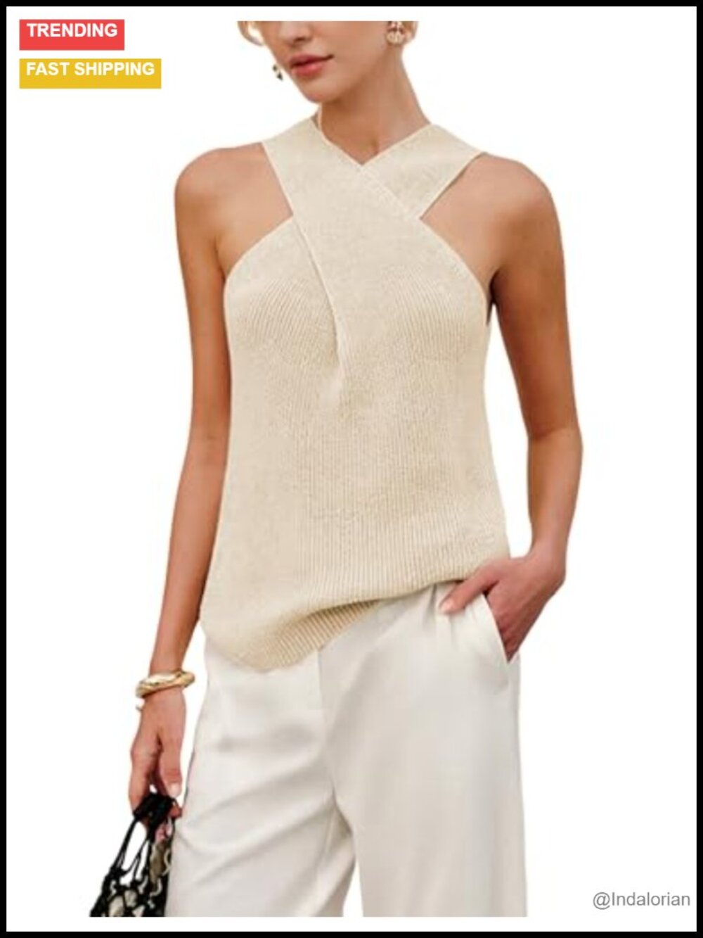 Ribbed Knit Criss Cross Halter Tank Top Sleeveless Layering Camisole